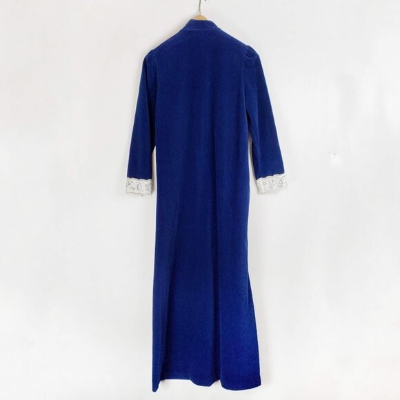Vanity Fair Housecoat Half Zip Robe Vintage Blue Velour Lace Modest Size XS - Picture 2 of 8